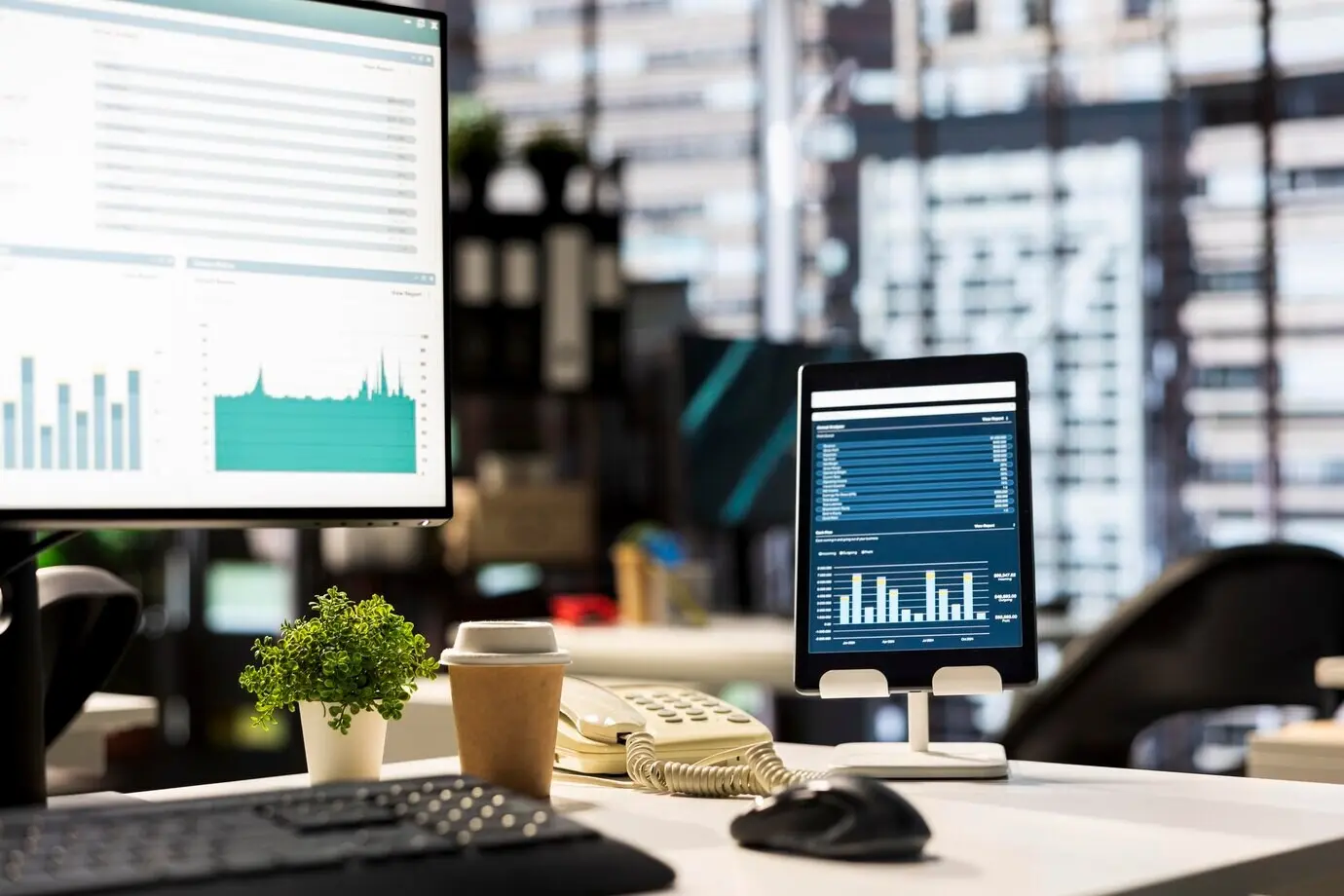 An empty upscale office workspace equipped with advanced technology to improve efficiency.